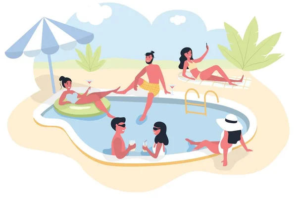 Pool Party Group People Dressed Swimwear Swimming Pool Lying Sunloungers — Stock Vector