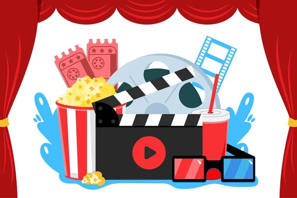 Online Mozi Művészet Film Néz Popcorn Ital Film Szalag Operatőr — Stock Vector