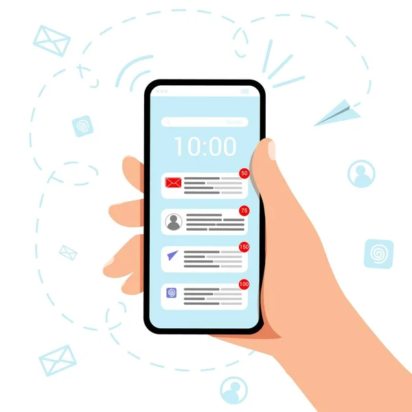 전화를 손으로 새로운 이메일 아이콘인 메시지 Notifications Chatting Sms 컨셉트 — 스톡 벡터
