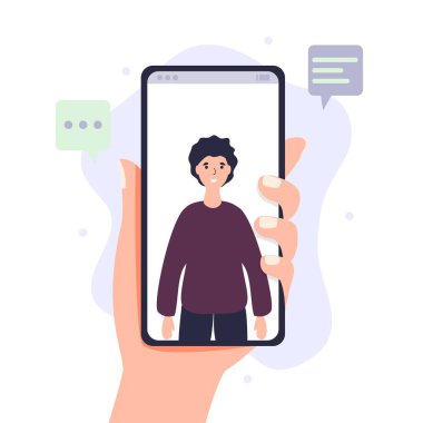 Akıllı telefondan görüntülü arama. Gelen video konferans görüşmesi için Hand 'in cep telefonu var. Dijital teknoloji ve iletişim vektörü çizimi kavramı