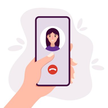 Akıllı telefonu elinde tutan ve görüntülü sohbet mobil uygulaması ile arayan düz vektör illüstrasyonu Dijital teknoloji ve iletişim konsepti