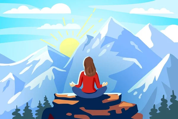 Woman and yoga meditation and retreat in the mountains Delight from the conquest of the peak Landscape of the valley Relax Rest Recreation Vector illustration