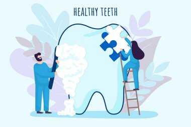 Dişçi küçük insanlar büyük beyaz dişçi kliniği arka plan vektör illüstrasyon konseptiyle ilgilenirler. Tıp insanları diş fırçasıyla stomatolojide çalışırlar.