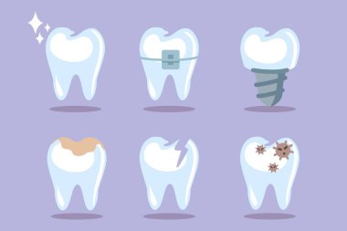 Dişler, diş simgeleri mavi arka plan vektör illüstrasyonu diş temizliği tasarımınız için diş sağlığı konsepti