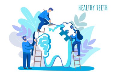 Dişçi küçük insanlar büyük beyaz dişçi kliniği arka plan vektör illüstrasyon konseptiyle ilgilenirler. Tıp insanları diş fırçasıyla stomatolojide çalışırlar.