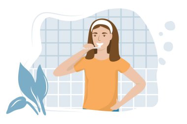 Diş fırçası vektör illüstrasyonuyla dişlerini fırçalayan genç bir kadın. Diş fırçası, diş fırçası, diş bakımı, diş bakımı, diş bakımı.