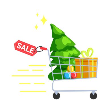 Yeni yıl için alışveriş arabasındaki Noel ağacını beyaz arka plan resimli Noel ağacıyla birlikte almak.