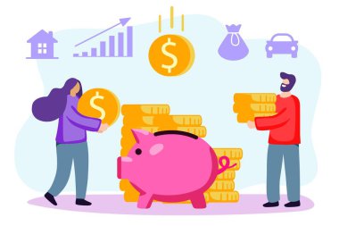 Para yatıran domuzcuk banka vektörleri Mutlu evli çift domuzcuk banka vektör tasarımı resimlerine para koyuyor Aile bütçesi ev tasarrufu ve yatırım parası. Güvenli ekonomik fon mevduat stratejisi.