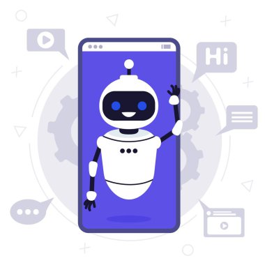 Sohbet robotu merhaba vektör düz çizgi film karakteri çizimi mavi arka planda konuşma baloncuk ses destek servisi sohbet robotu sanal müşteri desteği