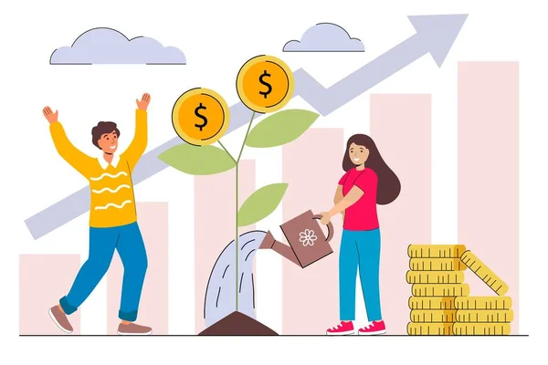 Familieninvestitionen Gewinn Flache Vektor Illustration Mann Und Frau Charaktere Kommissionierung — Stockvektor