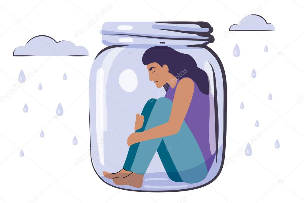Feeling anxious Introverted teenager girl alone Personal space concept Introvert is sitting and immersed in his inner spiritual world in a mothballed bank. Stay home Self isolation Vector illustration