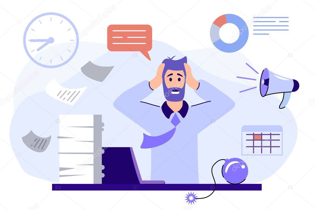 Emotional burnout Mans head exploding under anxiety pressure Social demands and work life balance problems Acute stress disorder Work related stress concept vector illustration