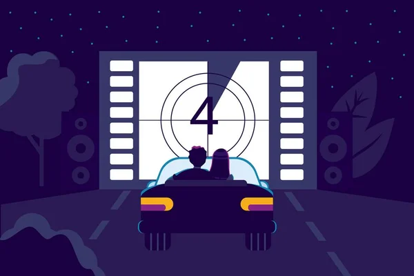 Drive Kino Open Air Parkování Plochý Styl Filmy Vektorové Ilustrace — Stockový vektor