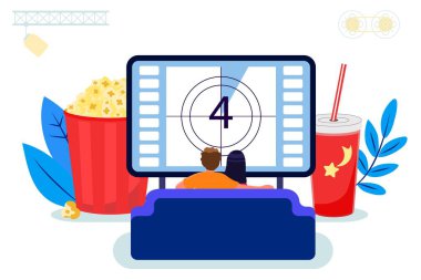 Genç çift, ev vektörü illüstrasyonunda kanepede televizyon izliyor. Ev sinema konsepti.