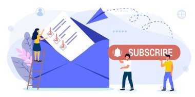 E- posta vektör illüstrasyon kavramı E- posta pazarlama sistemi Küçük insanlar abone ve aldılar- İniş sayfası paneli için kullanılabilir Mobil uygulama ui Web