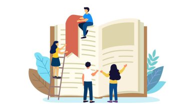 Kitap vektörü illüstrasyonu okunuyor Düz küçük kağıt kitap metin çalışma insanlar kavramı açık büyük bir kitap Poster ve afiş okuyan küçük insanlar kavramı