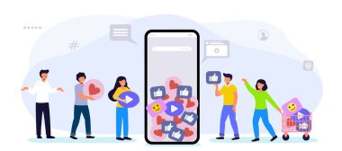 Zaman kavramı gibi, referans pazarlama da bir arkadaşlık sadakat programı tanıtım metodunu ifade eder. İnsanlar akıllı telefon etkisinde sosyal medya paylaşımlarından hoşlanırlar ve pazarlama stratejileri ile kazanırlar. Vektör