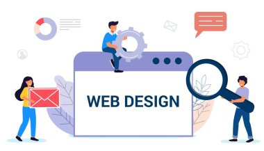 Web sitesi projesi, web sitesi ve mobil web sitesi geliştirme bilgileri için internet sitelerinde çevrimiçi olarak Tiny person Modern vektör illüstrasyon kavramları olarak programlanıyor
