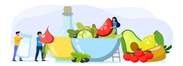Cozinhar Salada Pequenas Pessoas Por Tigela Salada Enorme Ilustração Vetorial — Vetor de Stock