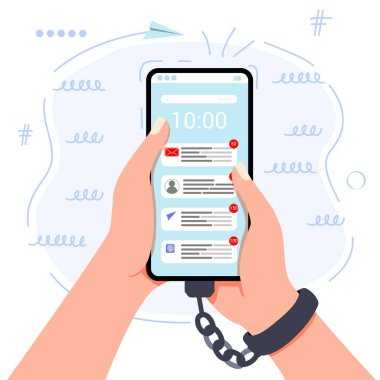 Gadget bağımlılığı zinciri, el ve akıllı telefonu sosyal medya ve internet nomofobisi ve dijital detoks kavramına bağlıyor. Sosyal problem kavramı cep telefonu bağımlılığı Sosyal Hastalık