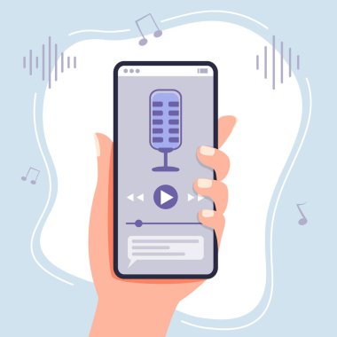 Sanal Asistan Audiobook hizmet web sitesi konsepti Hand akıllı telefon uzaklık eğitimi e-öğrenim Podcast Webinar Düz Düz Stil vektör ilüstrasyonuna sahiptir. İnternet üzerinden dil öğrenme