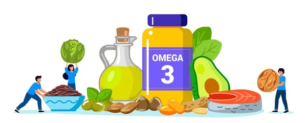 Omega Koncepcja Tłuszczu Maluchy Biorą Produkty Witaminy Wielonienasyconymi Kwasami Tłuszczowymi — Wektor stockowy