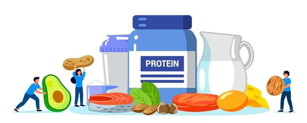 Ilustração Vetor Proteína Plano Minúsculo Aminoácido Menu Pessoas Conceito Proteína — Vetor de Stock