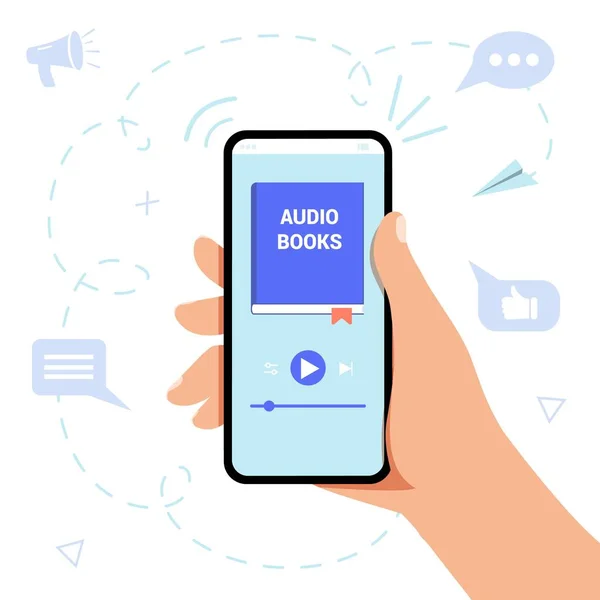 Audiobook Service Web Page Idea Hand Holds Smartphone Distance Education — 스톡 벡터
