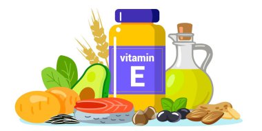 E vitamini vektör illüstrasyon gıdaları tocopherol ayçekirdeği, ayçiçeği yağı, bitkiler, zeytin, balık, fıstık, fındık, buğday, patates sağlıklı E vitamini besin kaynakları