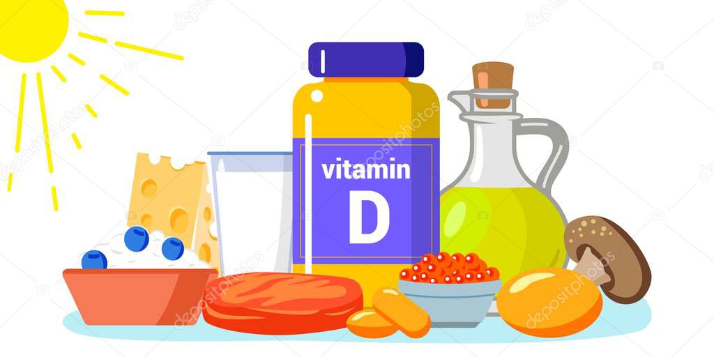 Vitamin D vector illustration Healthy eating and diet Different food rich of vitamin d Organic liver oil supplement and skin synthesis. Dietetic organic nutrition Food supplement and health care concept