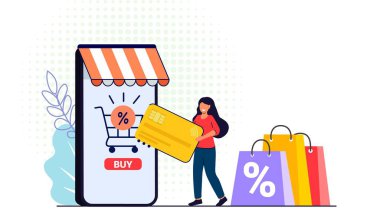 Akıllı telefondaki güvenli ve kolay e-ödemeler cep telefonu uygulamaları, mobil bankacılık uygulamaları ve elektronik cüzdan kablosuz kredi kartıyla yapılan ödemeler. Ufacık insanlar, telefonla ödeme yapan çevrimiçi cep telefonu illüstrasyonunu temsil ediyor