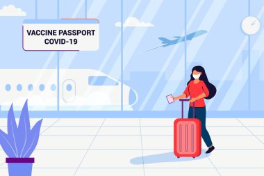 Corona aşı pasaport ve gezginler için turizm aşısı. Koronavirüs için negatif PCR testi. Havaalanında bavullu tıbbi maskeli bir kadın uçağa biniyor.