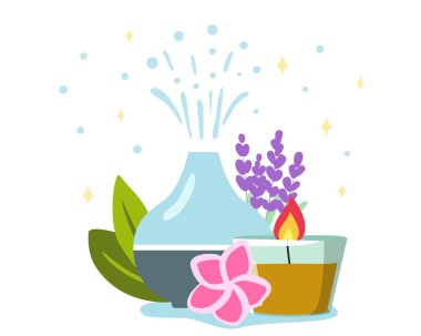 Evde meditasyon ve ferahlık ve aromaterapi için dekoratif ultrasonik ev dağıtıcı ve lavanta çiçekleri. Ev spa ve sağlık alanı düz düzenlenebilir vektör illüstrasyonu kavramı