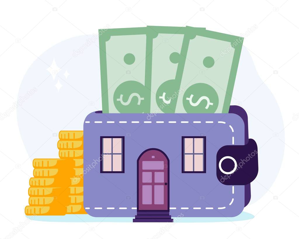 Household expenses Wallet with money coins House rental Buy real estate and pay credit to bank Mortgage loan Real estate investment Property purchase Home finance and budget. Vector flat illustration