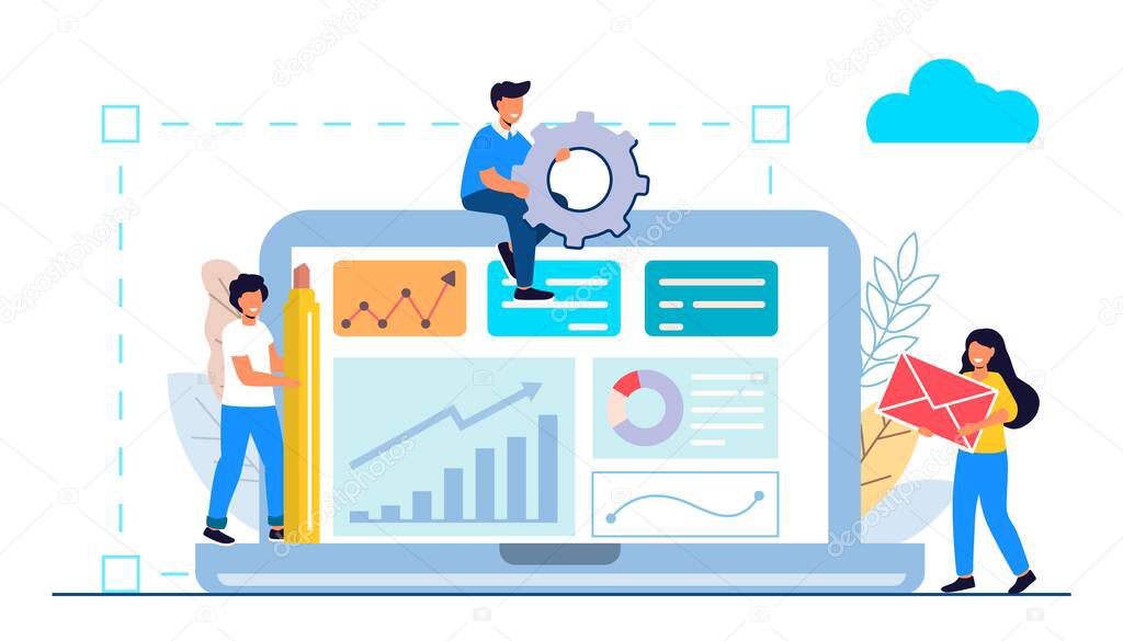 Building website project as programming homepage process Tiny person Vector illustration concepts for website and mobile website development. Abstract design work activity and web elements layout