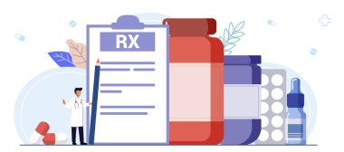 RX reçeteli ilaç vektörü illüstrasyon kavramı. İlaç reçeteli ilaç reçetesi. Doktor, reçeteli ilaç reçeteli ilaç reçetesi.