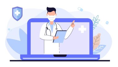 Çevrimiçi doktor tıbbi hizmeti kavramı dizüstü bilgisayar vektör illüstrasyon sağlık hizmetleri ve internet teletıp konsepti hastalar için sağlık kontrolleri. Reçete hapları.