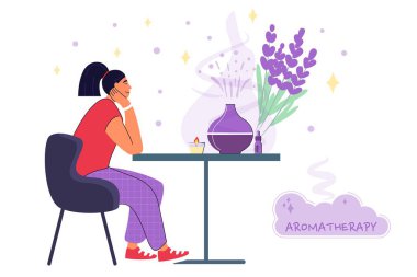 Evde meditasyon ve ferahlık için dekoratif ultrasonik ev dağıtıcı ve lavanta çiçekleri ev spa ve sağlık uzay vektörü illüstrasyonu kavramı. Aroma yayıcı kullanan bir kadın.
