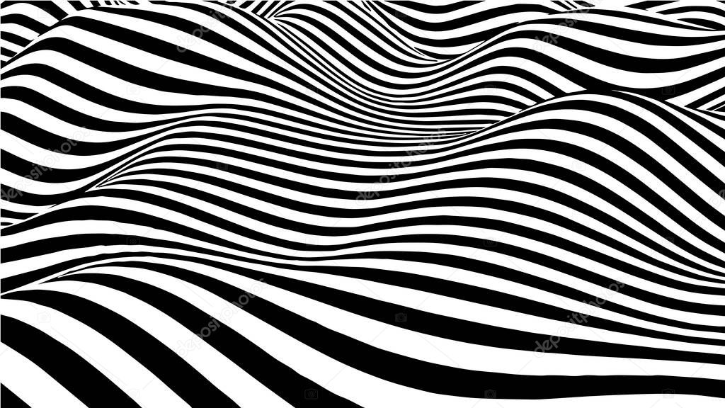 Black and white abstract wave. Optical illusion. Twisted vector illustration. Cheating.
