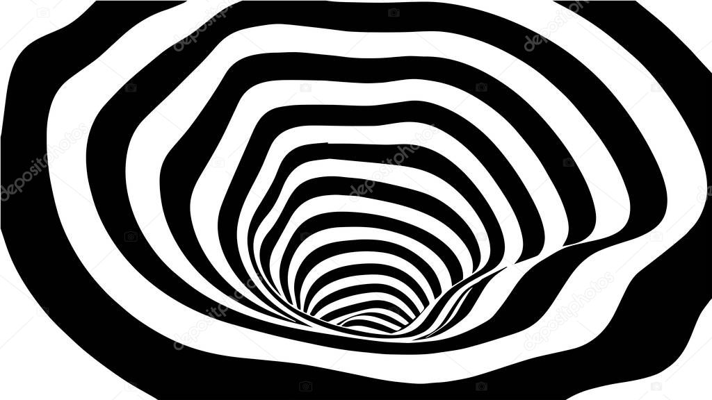 Black and white abstract wormhole. Optical illusion. Vector illustration. 3D tunnel.