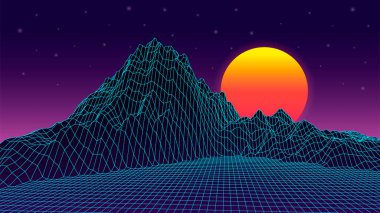 Pembe arkaplanlı tel çerçeve manzarası. 80 'lerin soyutlaması. Vektör 3 boyutlu illüstrasyon.