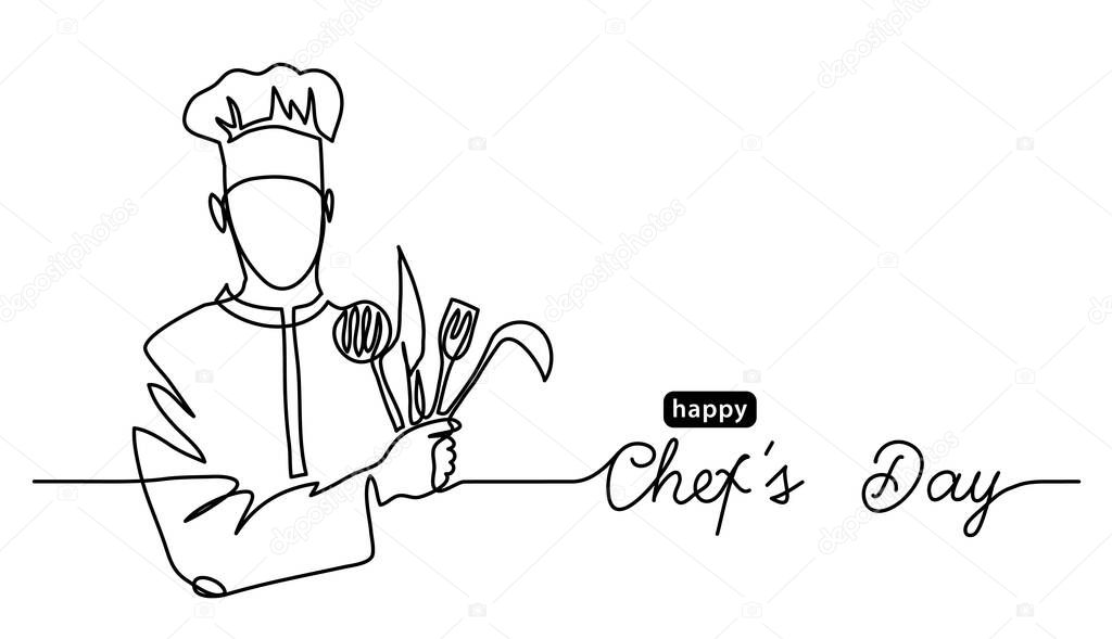 Happy Chefs Day simple vector web banner, border, background, poster. Lineart illustration with text Chefs Day. One continuous line drawing
