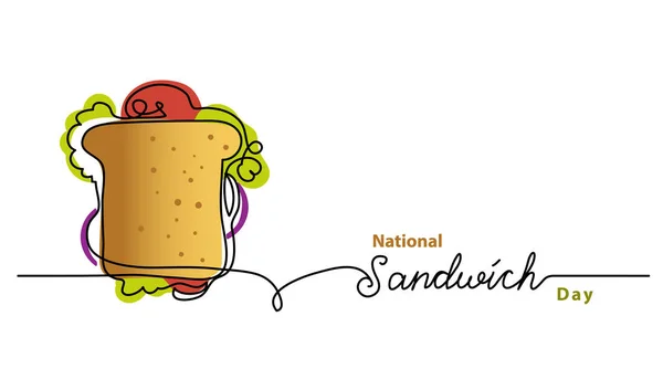 Narodowy Dzień Kanapki baner wektorowy, tło, plakat. Jeden ciągły rysunek linii z literami Sandwich — Wektor stockowy