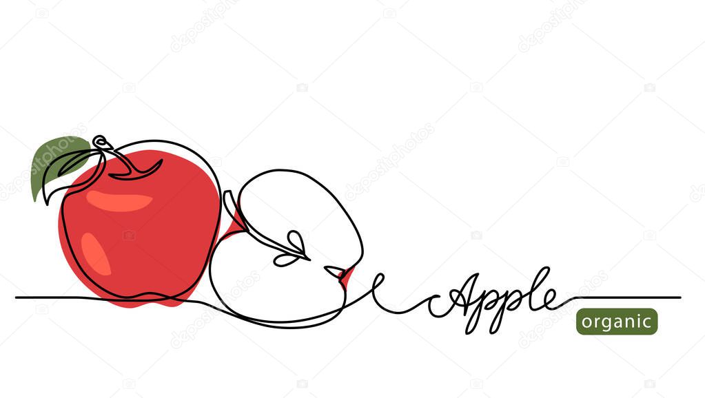 Red apple vector illustration. One continuous line drawing art illustration with lettering organic apple