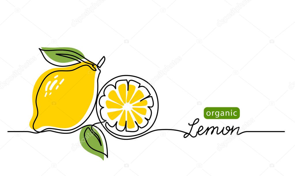 Lemon vector illustration. One continuous line drawing art illustration with lettering organic lemon
