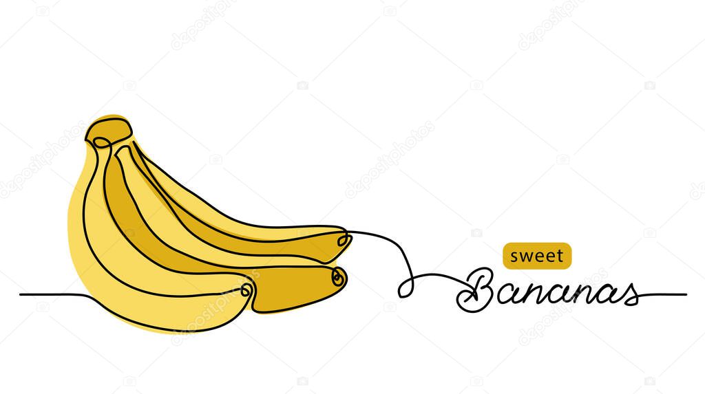 Bananas bunch vector illustration. One continuous line drawing art illustration with lettering sweet bananas