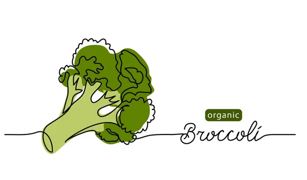 Broccoli vetor doodle ilustração. Uma linha desenho arte ilustração com letras brócolis orgânicos — Vetor de Stock