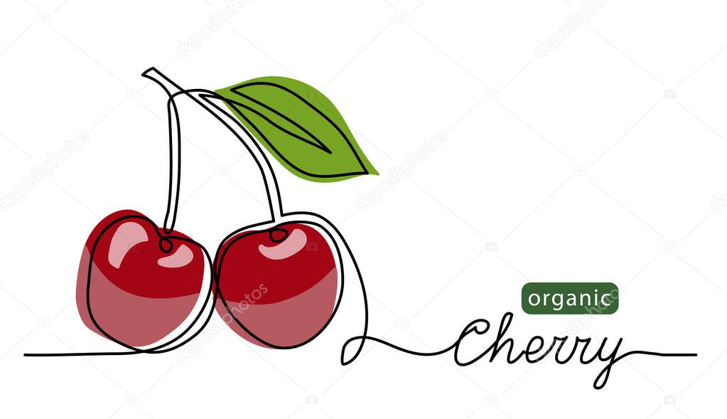 Cherry vector illustration. One line drawing art illustration with lettering organic cherry
