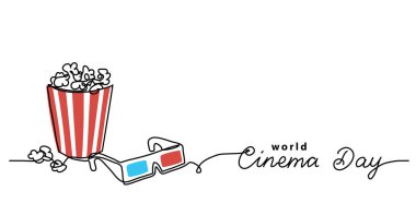 Cinema day vector illustration with popcorn bucket and 3d glasses. One line drawing art illustration with lettering world cinema day clipart