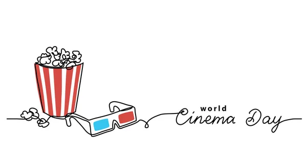 Ilustración vectorial de día de cine con cubo de palomitas de maíz y gafas 3D. Dibujo de una línea ilustración de arte con letras Día mundial del cine — Archivo Imágenes Vectoriales